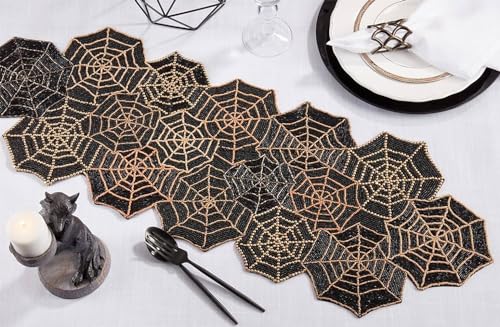 Fennco Styles Hand Beaded Spiderweb Table Runner 12" W x 36" L - Dark Gold and Black Sparkling Table Cover for Home Halloween Décor, Family Gatherings, Themed Party and Special Events