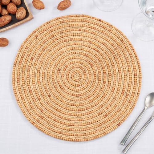 Fennco Styles Hand Beaded Spiral Swirl Design Placemat 14" Round, 1-Piece - Blue Wood Beads and Jute Table Mat for Home Décor, Family Gathering, Banquets, Everyday Use and Special Occasion