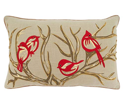 Fennco Styles Embroidered Bird and Branch Cotton Decorative Throw Pillow 14" W x 22" L - Natural Cushion for Home Décor, Couch, Living Room, Bedroom, Holiday and Special Occasion