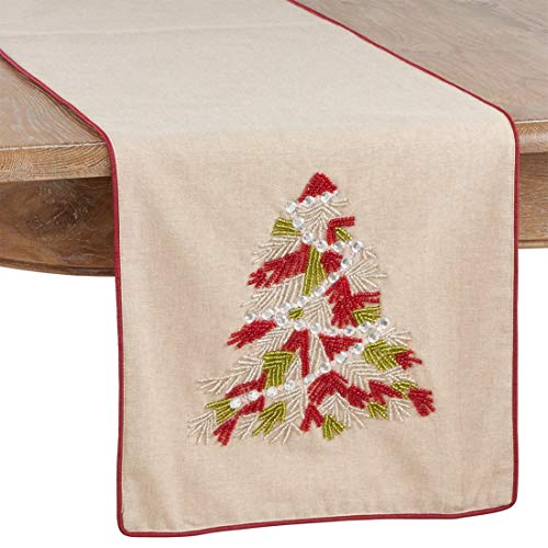 Fennco Styles Beaded Christmas Tree Cotton Table Runner 16 x 72 Inch - Natural Table Cover for Holiday Décor, Everyday Use, Banquets and Special Events