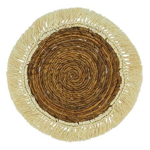 Fennco Styles Raffia Abaca Woven Placemat 16" Round, 1-Piece - Brown Boho Fringed Table Mat for Home, Dining Room, Banquets, Family Gathering and Special Occasion