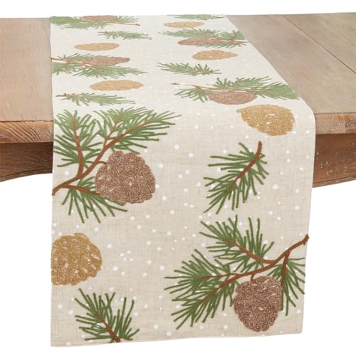 Fennco Styles Natural Pinecones Table Runner 16" W x 70" L - Woodland Christmas Table Cover for Home, Dining Room, Winter Holiday Décor, Banquets, and Special Events