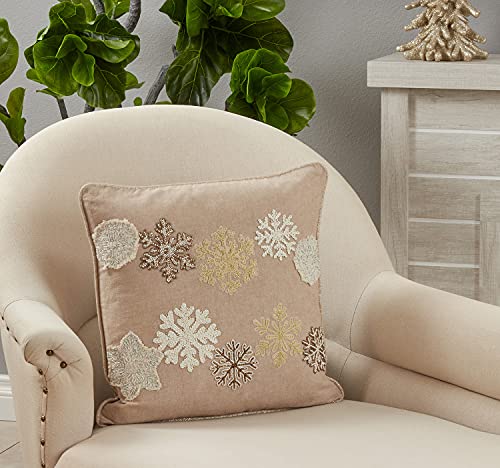 Fennco Styles Beaded Embroidered Snowflake Cotton Throw Pillow 18" W x 18" L - Natural Holiday Cushion for Christmas, Home, Couch, Living Room Décor, Special Occasion