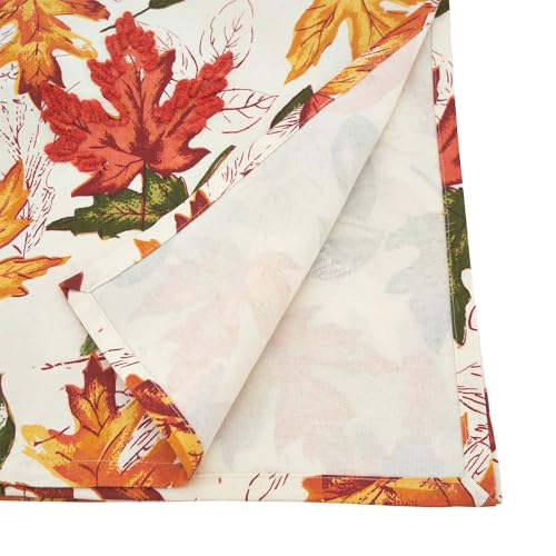 Fennco Styles Warm Embroidered Autumn Leaves Cotton Tablecloth - Multicolored Holiday Table Cover for Thanksgiving, Banquets, Family Gathering and Special Occasion