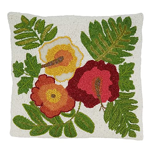 Fennco Styles Hand Beaded Garden Flowers Cotton Throw Pillow 16" W x 16" L - Multicolored Floral Cushion for Home, Couch, Living Room, Seasonal Décor, Special Occasion