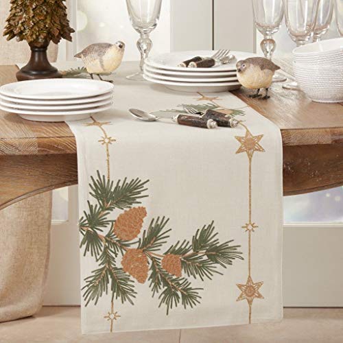 Fennco Styles Embroidered Pinecone Christmas Table Runner 16" W x 70" L - Festive Table Cover for Home Décor, Dining Table, Banquet, Family Gathering, Holiday and Special Occasion
