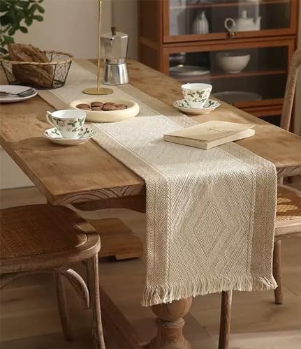 Fennco Styles Diamond Weave Fringe Cotton Blend Table Runner 14" W x 72" L - Beige Geometric Rectangular Table Cover for Boho Décor, Dining Table, Banquets, Family Gatherings