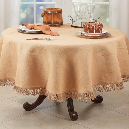 Fennco Styles Rustic Jute Tassel Table Runner 16" W x 72" L - Natural Burlap Table Cover for Dining Room, Banquets, Outdoor Events, Family Gatherings, and Holidays