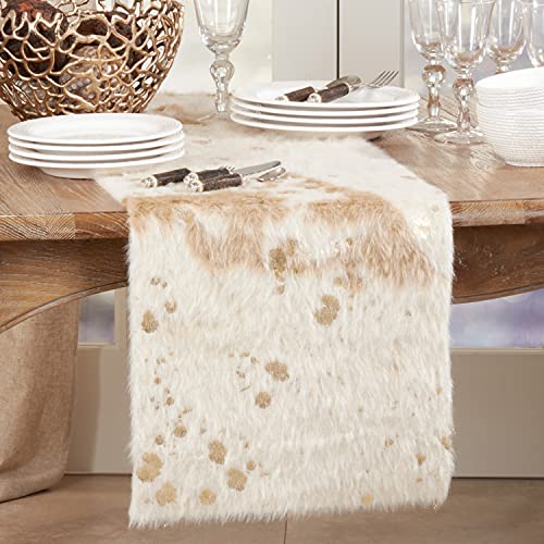 Fennco Styles Gold Metallic Faux Cowhide Table Runner 16" W x 72" L – Ivory Table Cover for Banquets, Family Gathering, Holiday, Special Events, Home Décor