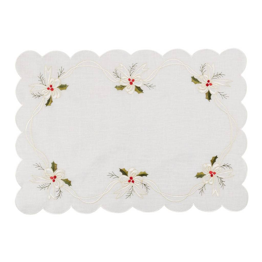 Fennco Styles Embroidered Holly & Ribbon Design Holiday Placemats 14" W x 20" L, Set of 4 - Natural Table Mats for Christmas, Winter Holidays, Home Décor, Banquet, Family Gathering, Special Occasion