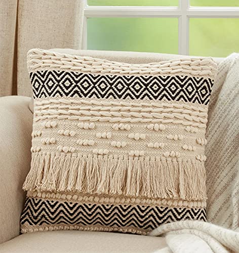 Fennco Styles Moroccan Fringe Cotton Decorative Throw Pillow 18" W x 18" L - Natural Square Cushion for Home, Couch, Living Room, Bedroom, Office and Holiday Décor