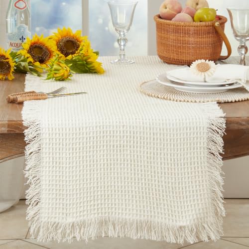 Fennco Styles Waffle Weave Fringe Cotton Table Runner 16”W x 72" L - Natural Woven Table Cover for Home Décor, Dining Table, Banquets, Holidays and Special Occasions