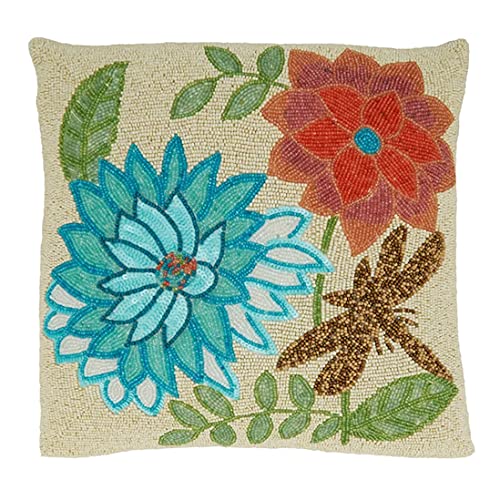 Fennco Styles Hand Beaded Dragonfly Flower Cotton Decorative Throw Pillow 16" W x 16" L - Multicolored Floral Cushion for Home, Couch, Living Room, Seasonal Décor, Special Occasion