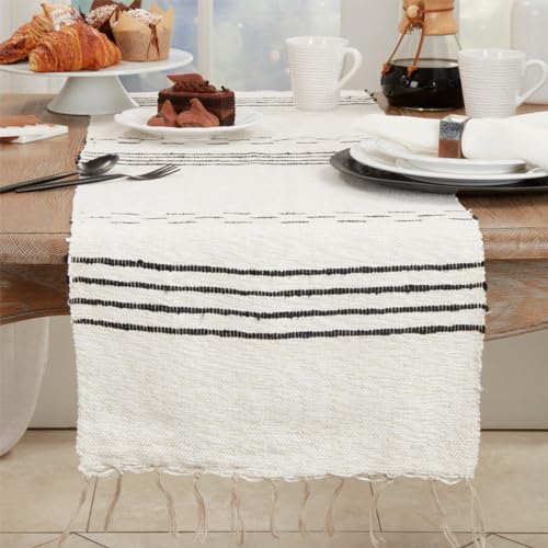 Fennco Styles Striped Dash Table Runner with Fringe 16" W x 72" L - 100% Cotton Woven Natural Table Cover for Everyday Use, Dining Room, Banquets, Family Gatherings, Holidays and Home Décor