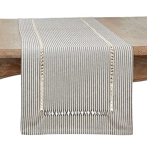 Fennco Styles Modern Stripe Design Hemstitch Cotton Table Runner 16" W x 54" L - Black & White Woven Table Cover for Home Décor, Dining Table, Banquet, Family Gathering and Special Occasion