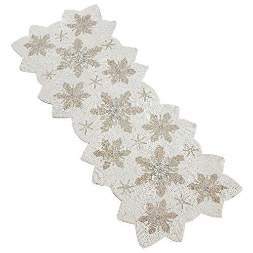 Fennco Styles Exquisite Hand Beaded Christmas Snowflake Table Runner 13 x 35 Inch - White Table Cover for Holiday, Home Décor, Banquets and Special Occasion