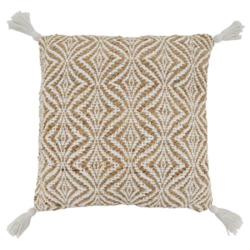 Fennco Styles Jute Cotton Woven Decorative Throw Pillow with Tassel 20" W x 20" L - Natural Cushion for Home Décor, Couch, Living Room, Bedroom and Special Occasion