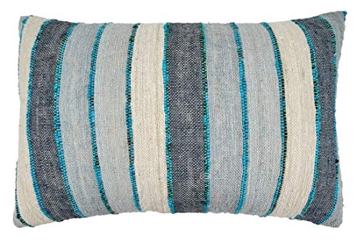 Fennco Styles Woven Chindi Striped Fringe 100% Cotton Decorative Throw Pillow Cover 16 x 24 Inch - Blue Throw Pillow Case for Home, Couch, Living Room and Bedroom Décor