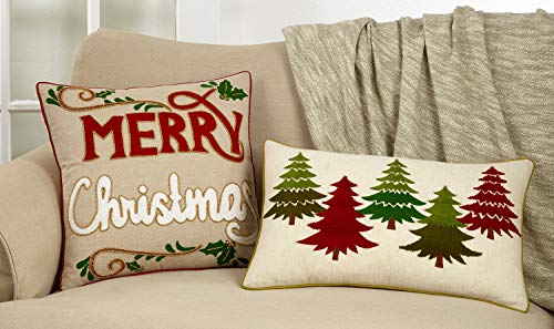 Fennco Styles Arbres Collection Farmhouse Merry Christmas Appliqué Beaded 100% Cotton 18 x 18 Inch Pillow – Natural Throw Pillow Case for Couch, Living Room and Holiday Décor