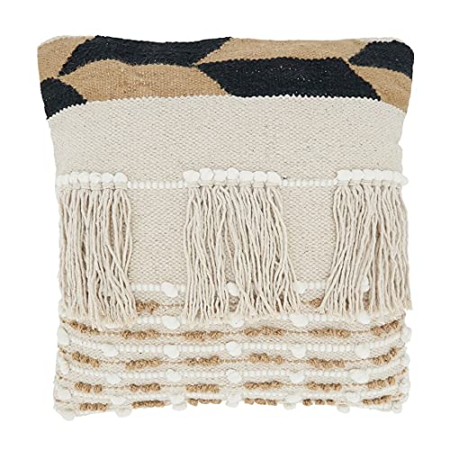 Fennco Styles Fringe Boho Cotton Jute Decorative Throw Pillow Cover 18" W x 18" L - Ivory Woven Square Cushion Case for Home, Couch, Bedroom, Living Room and Office Décor