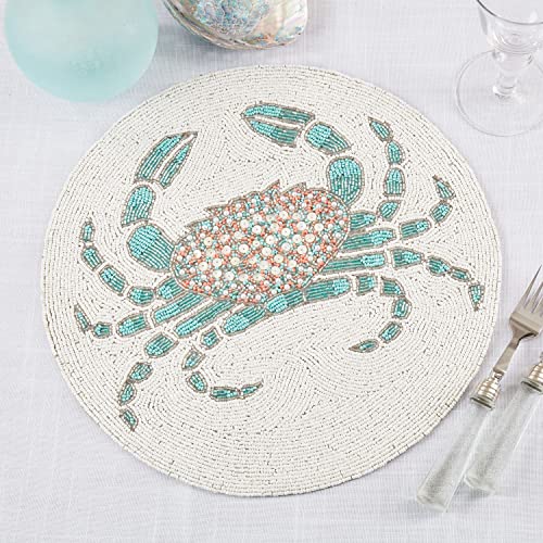 Fennco Style Hand Beaded Sea Life Coastal Placemat 15" Round, 1-Piece - Aqua Table Mat for Home Décor, Dining Table, Family Gathering, Banquets, Beach House and Special Occasion