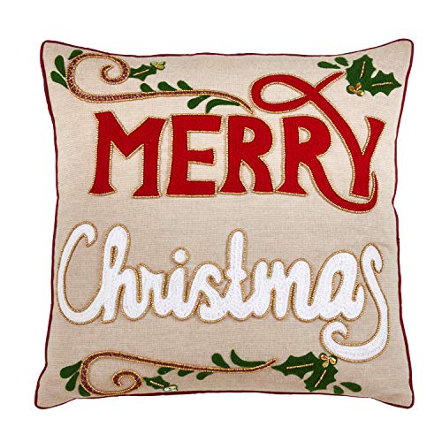 Fennco Styles Arbres Collection Farmhouse Merry Christmas Appliqué Beaded 100% Cotton 18 x 18 Inch Pillow – Natural Throw Pillow Case for Couch, Living Room and Holiday Décor