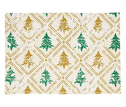 Fennco Styles Christmas Trees Cotton Table Runner 14" W x 72" L - Gold & Green Winter Tree Table Cover for Home, Dining Room, Holiday Décor, Banquets and Special Events