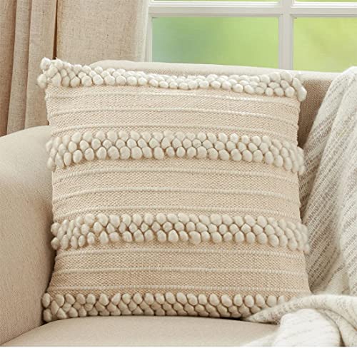 Fennco Styles Pom Pom Design Decorative Throw Pillow Cover 18" W x 18" L - Ivory Square Cushion Case for Home, Couch, Bedroom, Living Room and Office Décor