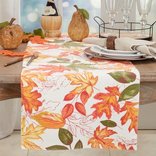 Fennco Styles Warm Embroidered Autumn Leaves Cotton Tablecloth - Multicolored Holiday Table Cover for Thanksgiving, Banquets, Family Gathering and Special Occasion