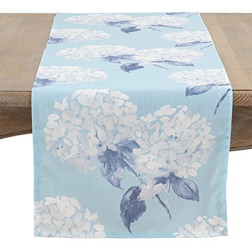 Fennco Styles Aqua Hydrangea Printed Table Runner 16" W x 554" L - Floral Design Table Cover for Home Décor, Dining Table, Banquet, Everyday Use, Family Gatherings
