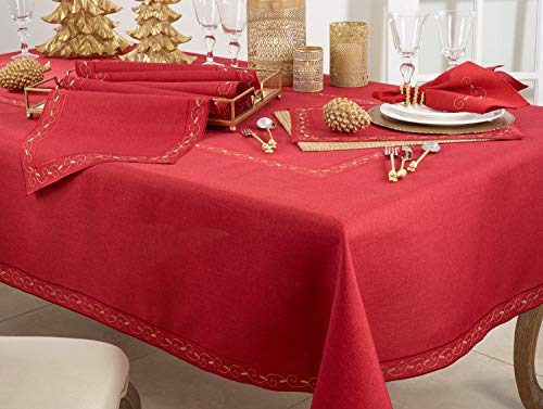 Fennco Styles Holiday Embroidered Bordered Design Tablecloth - Red Table Cover for Home Décor, Christmas, Banquets and Special Events