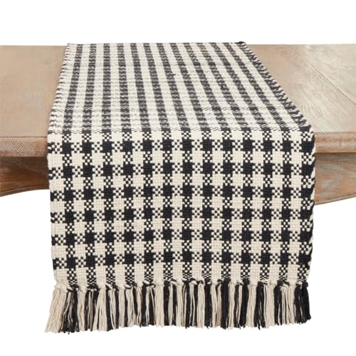 Fennco Styles Classic Houndstooth Tassel Cotton Table Runner 16" W x 72" L - Black & White Woven Table Cover for Home Décor, Dining Table, Banquets, Family Gathering and Special Events