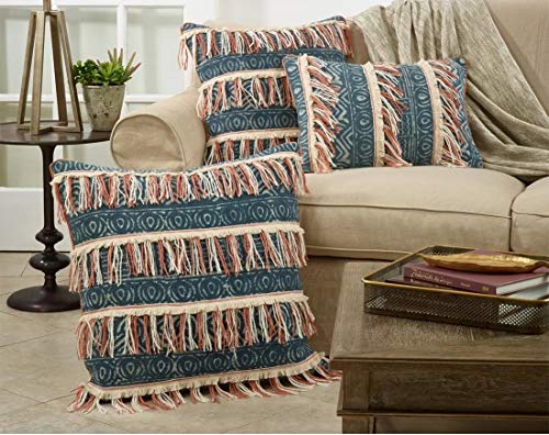 Fennco Styles Bohemian Block Print Embroidered Decorative Fringe Throw Pillow - Blue Cotton Pillow for Home, Couch, Bedroom Décor and Special Occasion