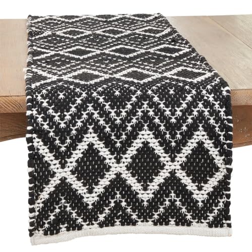 Fennco Styles Handcrafted Diamond Chindi Table Runner 16" W x 72" L - Black Geometric Rectangular Cotton Blend Table Cover for Boho Décor, Dining Table, Banquets, Family Gatherings