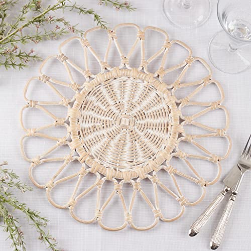 Fennco Styles Handwoven Floral Rattan Placemat 15" Round, 1- Piece - White Braided Table Mats Heat Resistant Insulation for Home, Boho Décor, Dining Table, Banquets, Special Events