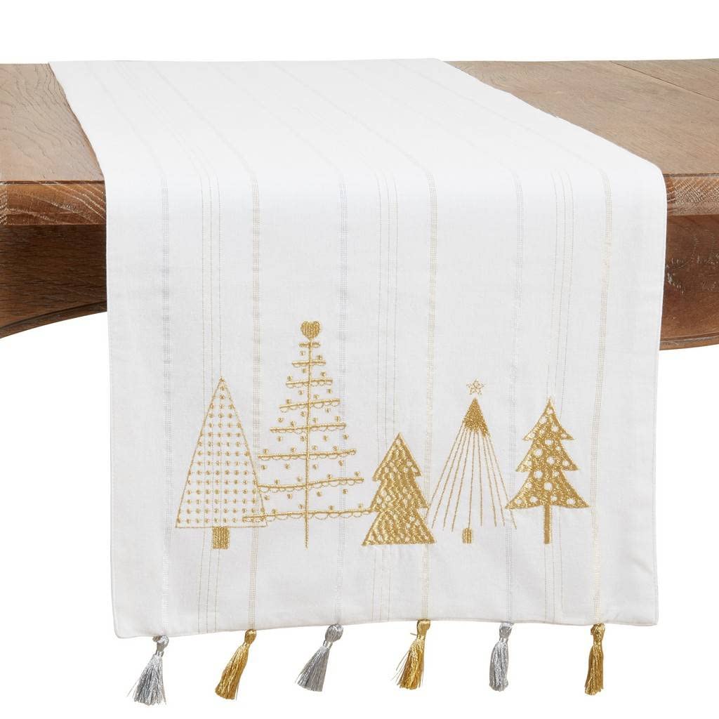 Fennco Styles Embroidered Christmas Trees Tassel Cotton Table Runner 16" W x 72" L - Gold Metallic Woven Table Cover for Home, Dining Room, Banquets and Christmas Décor