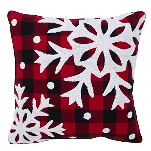 Fennco Styles Buffalo Plaid Snowflake Decorative Throw Pillow with Down Filled Insert 18 x 18 Inch - Red Check Cotton Pillow for Home, Couch, Living Room, Christmas and Holiday Season