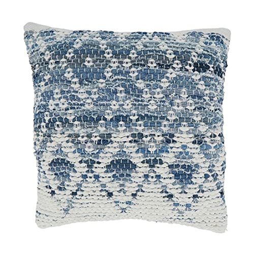 Fennco Styles Diamond Chindi Cotton Decorative Throw Pillow Cover 18" W x 18" L - Blue Woven Square Cushion Case for Home, Couch, Bedroom, Living Room and Office Décor