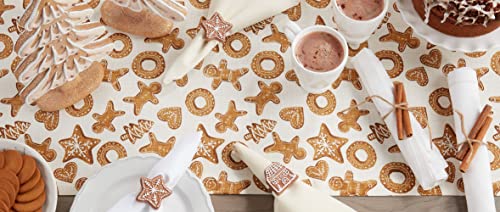 Fennco Styles Holiday Gingerbread Print Cotton Table Runner 14" W X 72" L - Brown Festive Table Cover for Home, Christmas Décor, Banquet, Family Gathering and Special Events