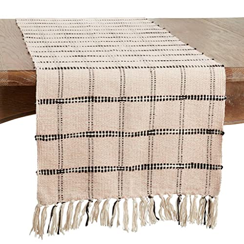 Fennco Styles Woven Checker Tassel Cotton Table Runner 16" W x 72" L – Natural Rustic Table Cover for Dining Table, Banquets, Family Gathering, Farmhouse Events and Home Décor