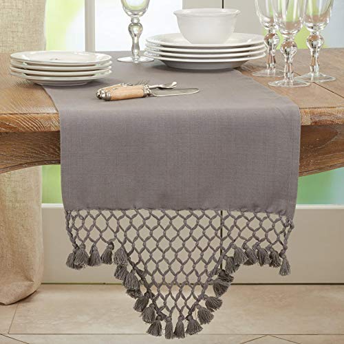 Fennco Styles Handmade Braided Tassels Cotton Table Runner 16" W x 72" L - Grey Table Cover for Home, Dining Table, Banquet, Wedding and Special Occasion