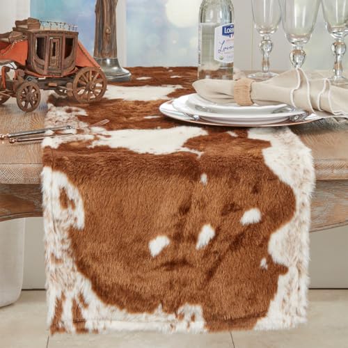 Fennco Styles Rustic Faux Fur Cowhide Table Runner 16 x 72 Inch – Brown Table Runner for Banquets, Family Gathering, Special Events, and Home Décor