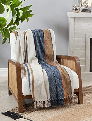 Fennco Styles Striped Cotton Throw Blanket with Tassel 52" W x 68" L – Navy Blue Textured Blanket for Bed, Couch, Sofa, Holidays, Home Décor and Office Décor