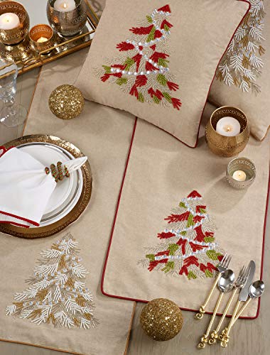 Fennco Styles Beaded Christmas Tree Cotton Table Runner 16 x 72 Inch - Natural Table Cover for Holiday Décor, Everyday Use, Banquets and Special Events