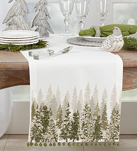 Fennco Styles Winter Snowy Christmas Trees Cotton Table Runner with Pom Pom 16" W x 72" L - Green Festive Table Cover for Home, Dining Room, Holiday Décor, Banquets, Holiday and Special Events