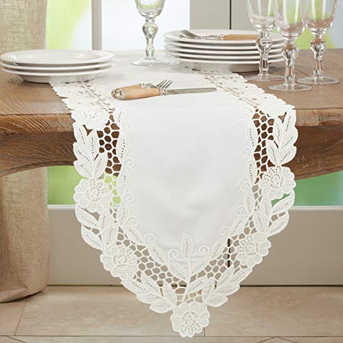 Fennco Styles Elegant Floral Embroidery Cutwork Table Runner 16" W x 68" L - Ivory Flower Rectangular Table Cover for Home Décor, Banquets, Wedding, Family Gathering and Special Events