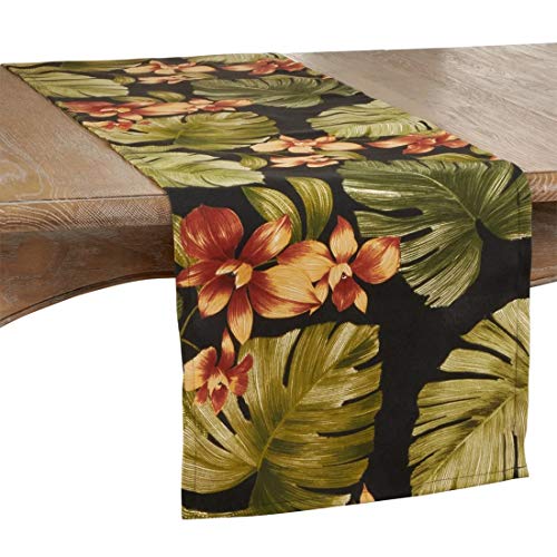 Fennco Styles Bold Tropical Palm Leaf Flower Design Table Runner 16 x 72 Inch - Black Table Cover for Home, Dining Room, Banquets, Spring Summer Event and Special Occasion