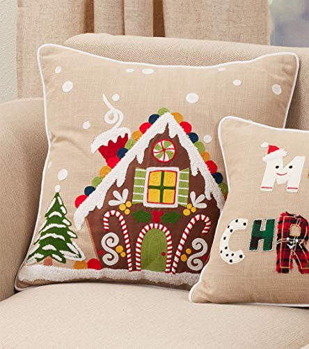 Fennco Styles Holiday Gingerbread House Cotton Throw Pillow 18" W x 18" L - Natural Festive Cushion for Christmas Décor, Couch, Living Room, Bedroom Décor and Special Occasion