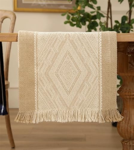 Fennco Styles Diamond Weave Fringe Cotton Blend Table Runner 14" W x 72" L - Beige Geometric Rectangular Table Cover for Boho Décor, Dining Table, Banquets, Family Gatherings
