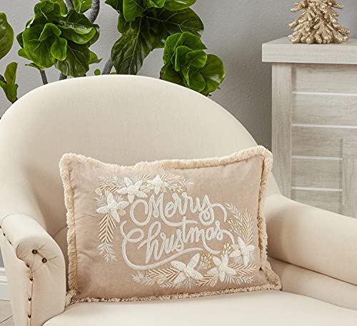 Fennco Styles Embroidered Merry Christmas Fringe Cotton Throw Pillow 14" W x 20" L - Natural Woven Cushion for Holiday Décor, Couch, Living Room, Bedroom Décor and Special Occasion